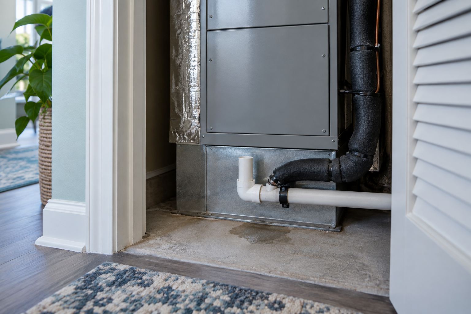 Illustration: realistic indoor air handler utility closet with insulated condensate pipe and small water mark on the floor beside the drain line