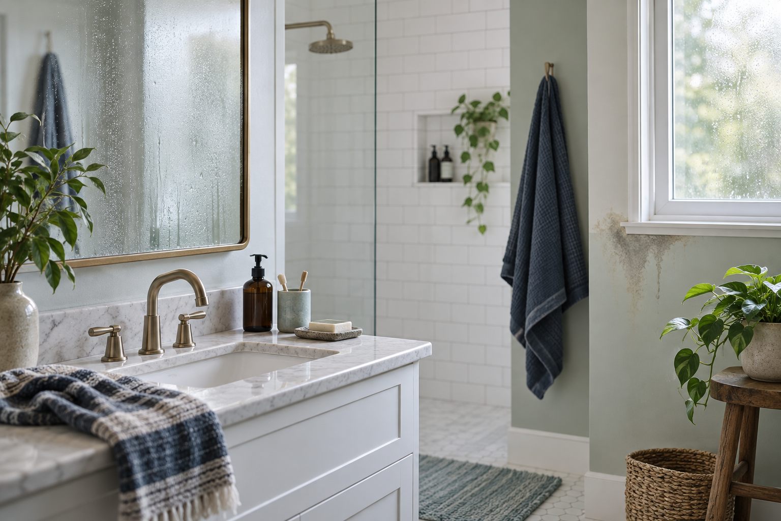 Illustrative bathroom with condensation and staining beside a window