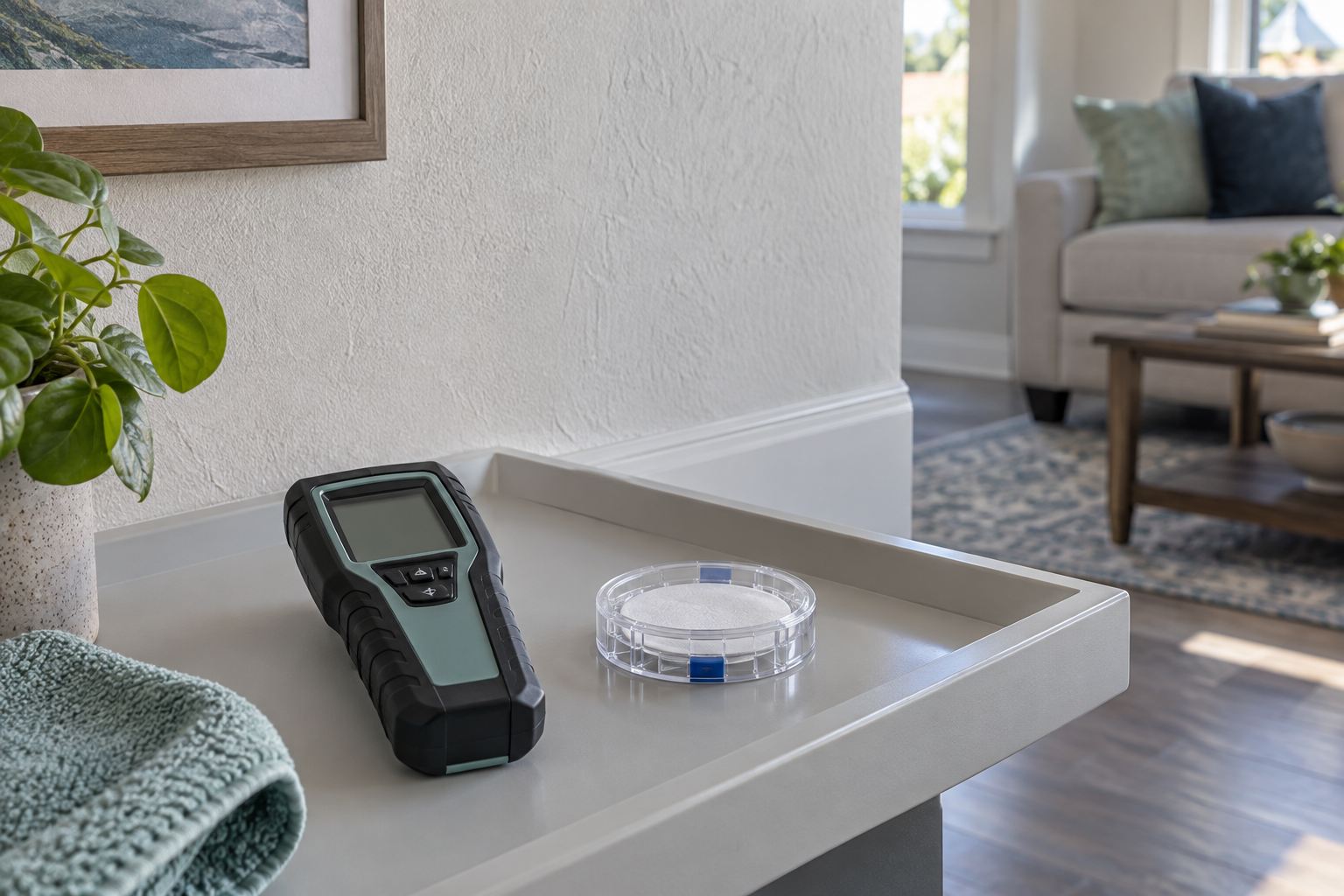 Illustration: non-invasive pinless moisture meter and a sealed unbranded sampling cassette sitting separately on a clean inspection tray, an interior wall behind