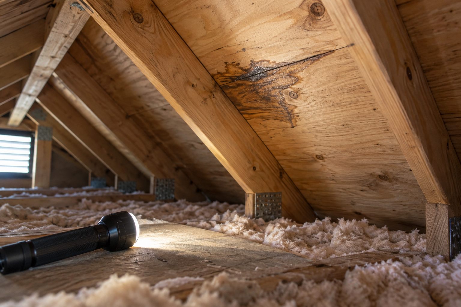 Illustrative attic with localized staining on roof decking between timber rafters