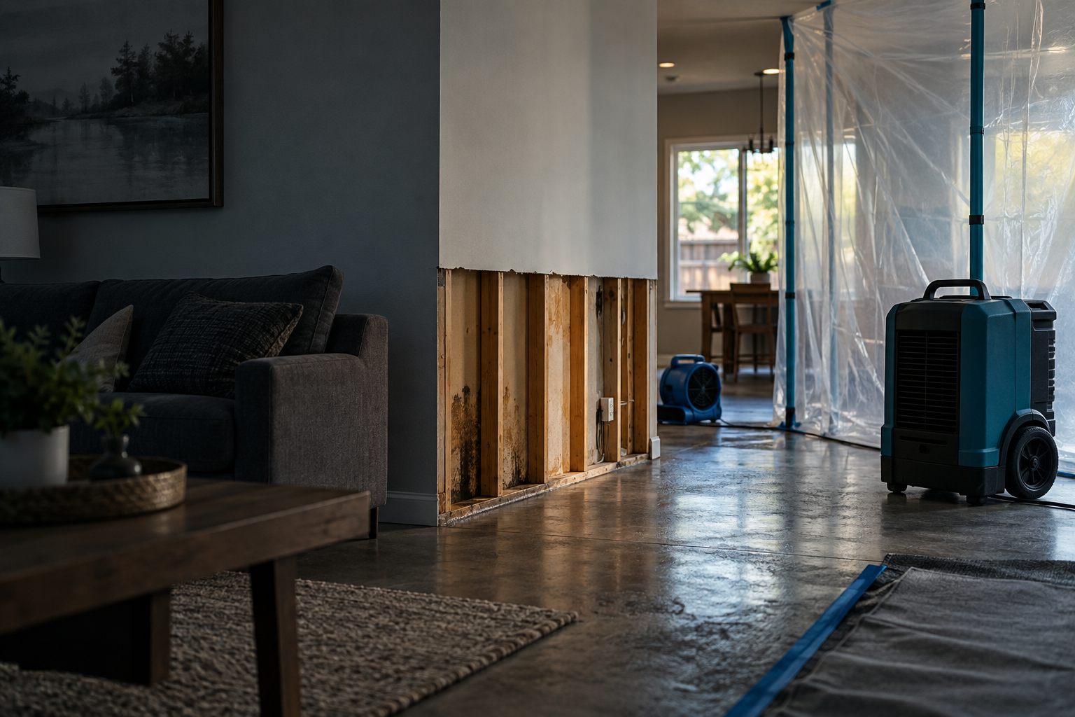 Illustrative room showing opened wall framing and drying equipment